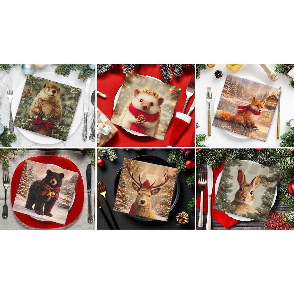Image Assortiment de 12 serviettes de table - Série Compagnons de Noël